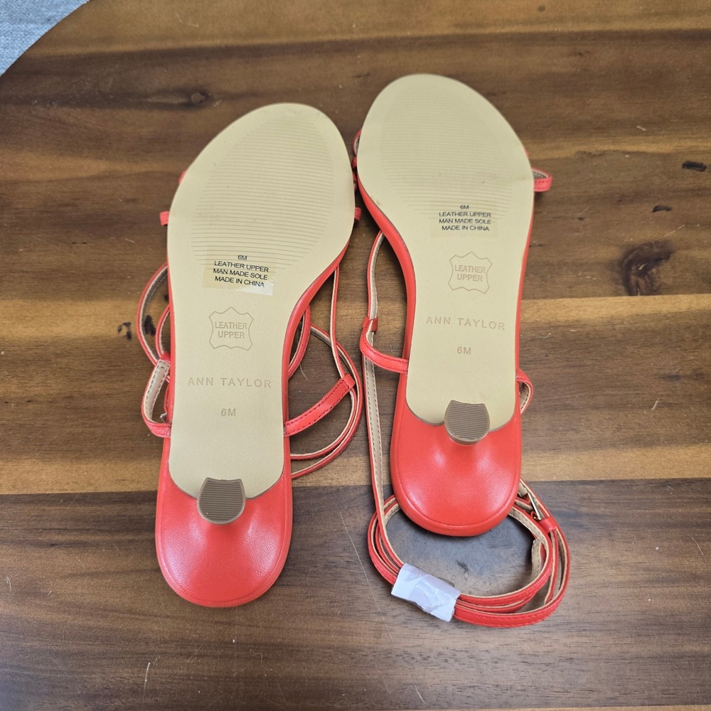 Ann Taylor Womens Coral Red Leather Strappy Ankle Strap Kitten Heel Sandals 6M - Picture 6 of 13